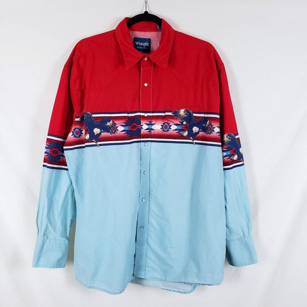 Vintage Wrangler Patriotic Eagle Western Rodeo Pearl Snap Shirt Mens XL